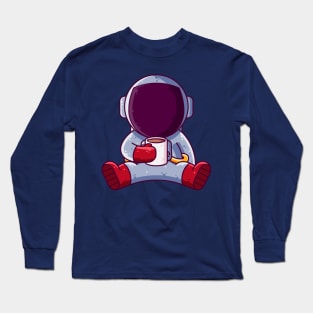 Cute Astronaut Drinking Coffee Cartoon Long Sleeve T-Shirt